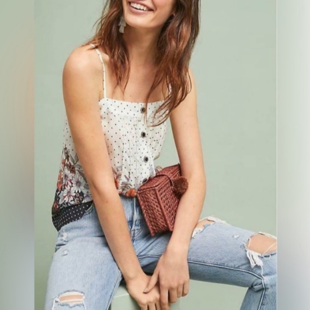 Anthropologie Maeve Floral and Polka Dot Silk Tank Size 4